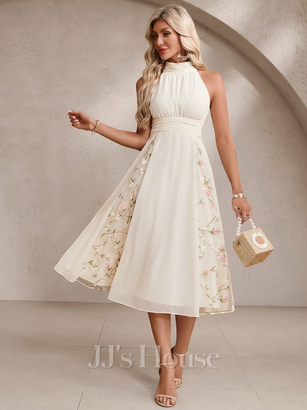 NWT JJs House Apricot Halter Midi Dress with Floral Side Panels‎